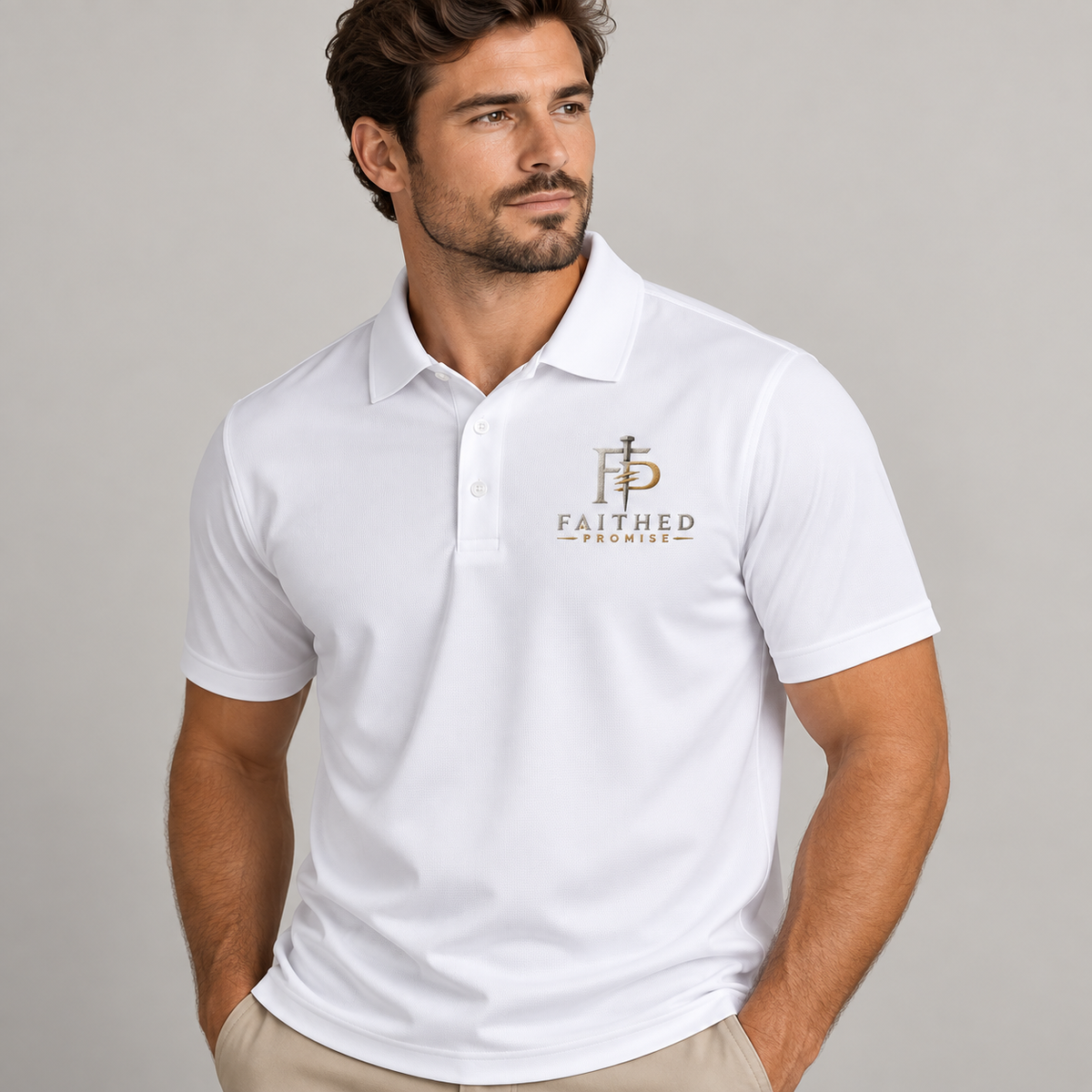 Lifestyle mockup of white FaithedPromise performance polo with chest embroidery