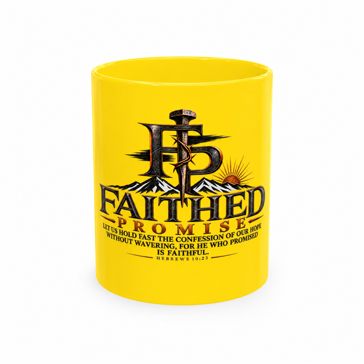 FaithedPromise ceramic mug in bright yellow with Hebrews 10:23 artwork; AI color-corrected mockup