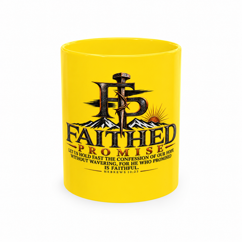FaithedPromise ceramic mug in bright yellow with Hebrews 10:23 artwork; AI color-corrected mockup