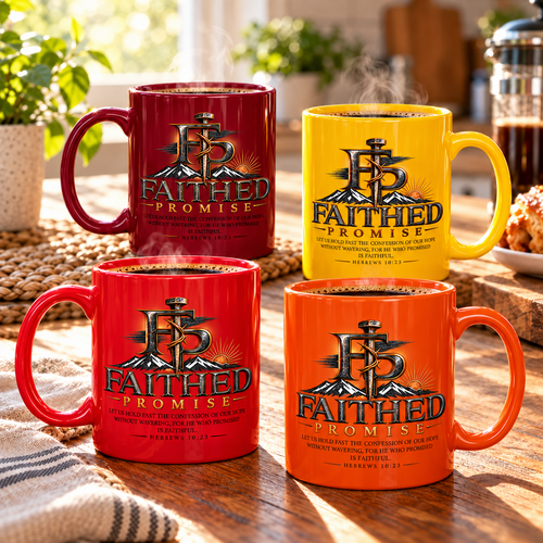 Four ceramic mug colors with corrected Hebrews 10:23 in dark ink; AI lifestyle mockup