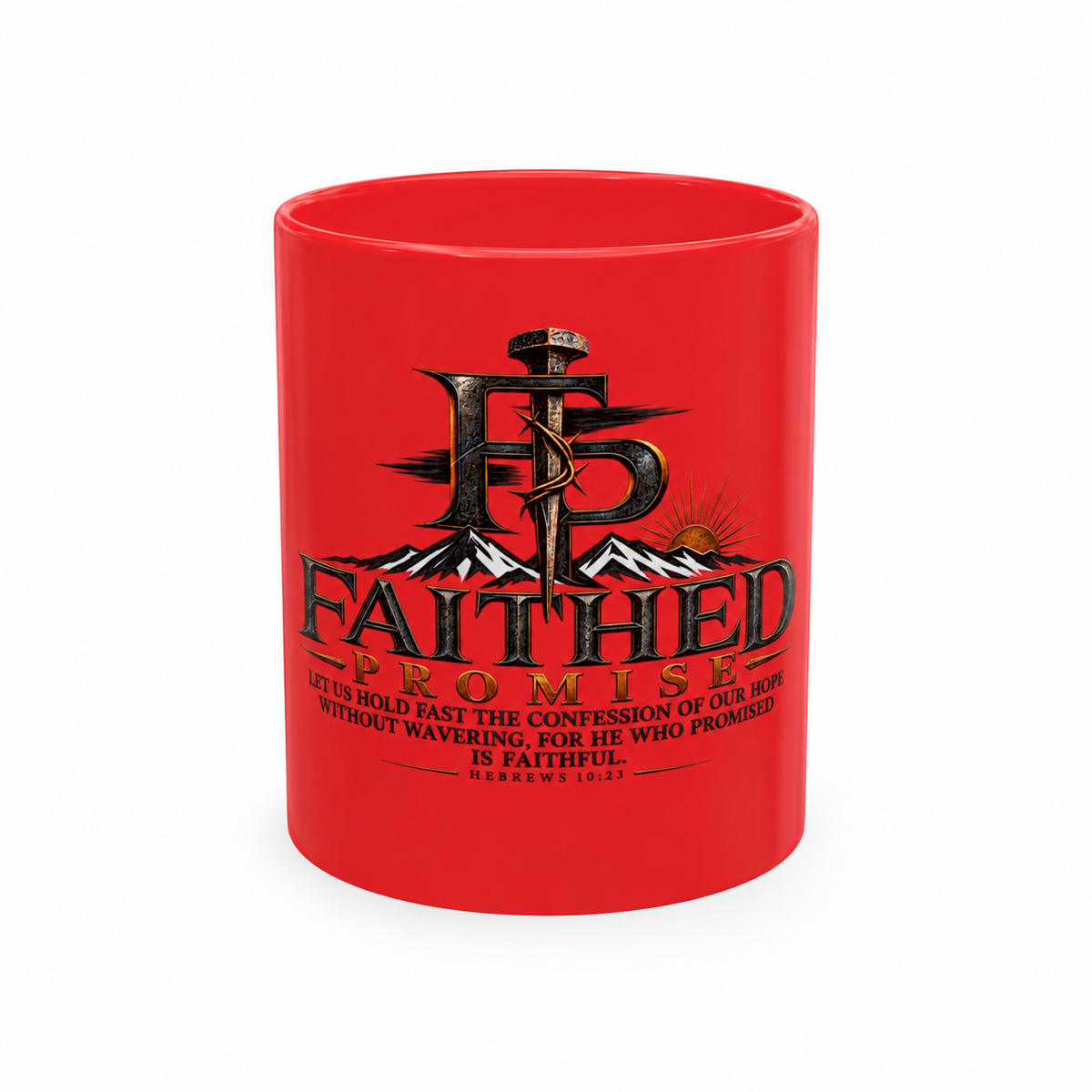 FaithedPromise ceramic mug in red with Hebrews 10:23 artwork; AI color-corrected mockup