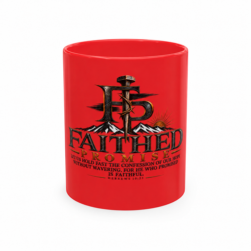 FaithedPromise ceramic mug in red with Hebrews 10:23 artwork; AI color-corrected mockup