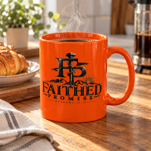 orange Faithed Promise ceramic mug on a breakfast table, AI lifestyle mockup