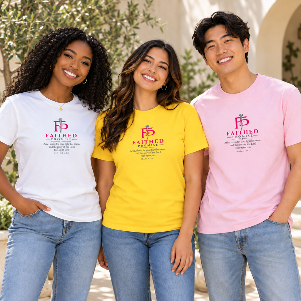 White, Daisy yellow and Light Pink tees with the revised Isaiah 60:1 print; AI lifestyle mockup.