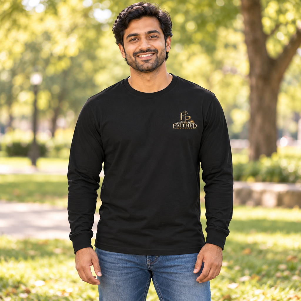 Man model wearing FaithedPromise Premium Long Sleeve — Fusion Logo in Black with upper left chest logo