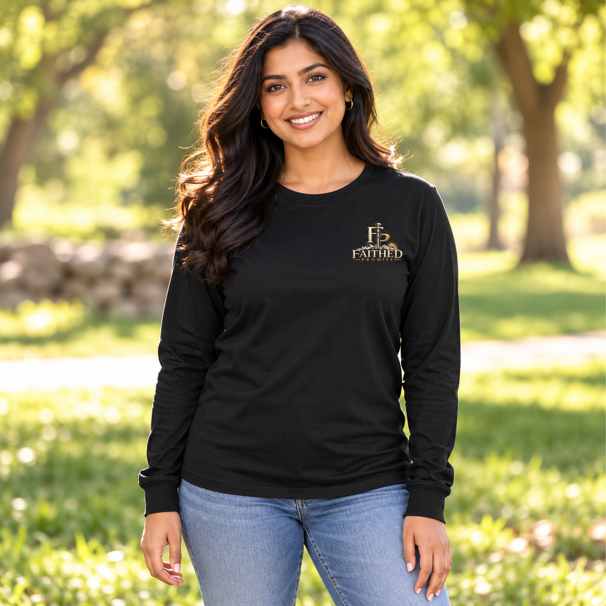 Woman model wearing FaithedPromise Premium Long Sleeve — Fusion Logo in Black with upper left chest logo