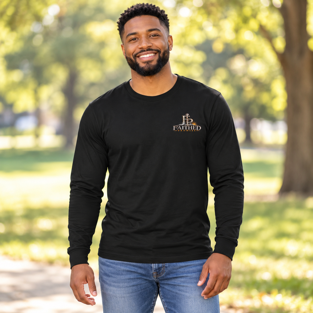 Man model wearing FaithedPromise Premium Long Sleeve — Original Logo in Black with upper left chest logo