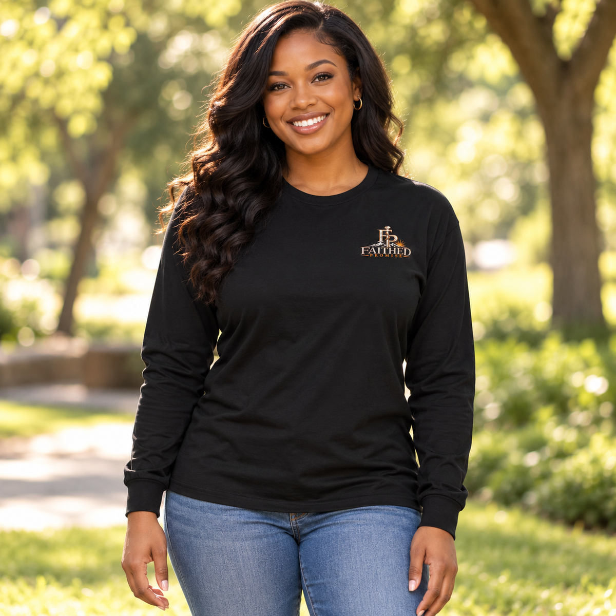 Woman model wearing FaithedPromise Premium Long Sleeve — Original Logo in Black with upper left chest logo