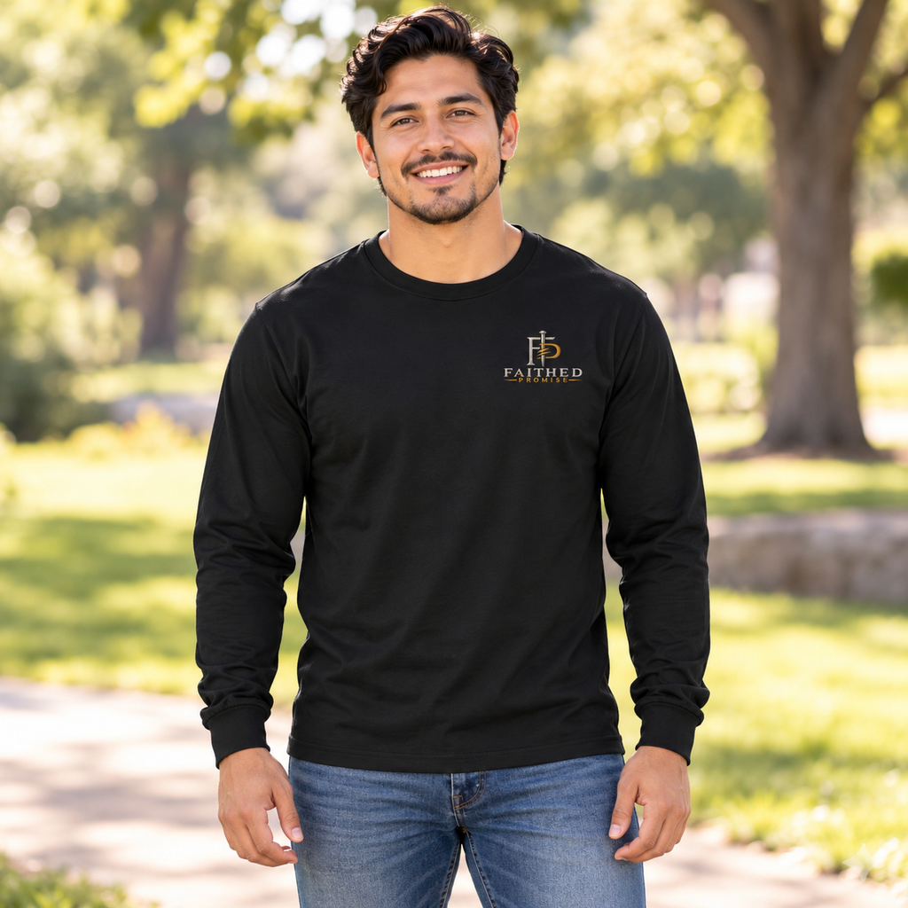 Man model wearing FaithedPromise Premium Long Sleeve — Promise Color Logo in Black with upper left chest logo