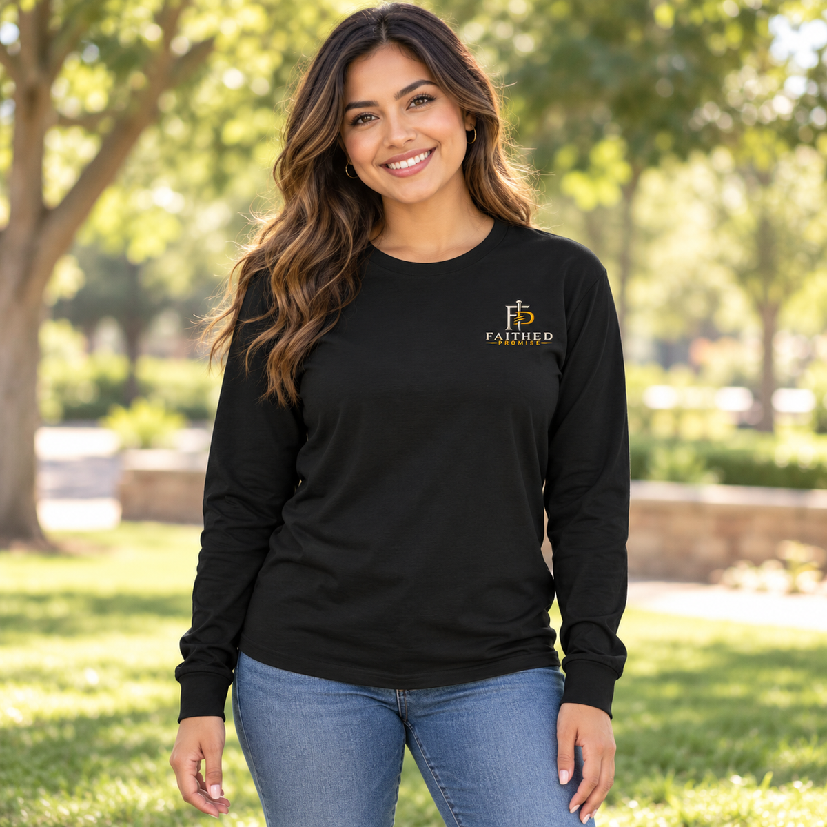 Woman model wearing FaithedPromise Premium Long Sleeve — Promise Color Logo in Black with upper left chest logo
