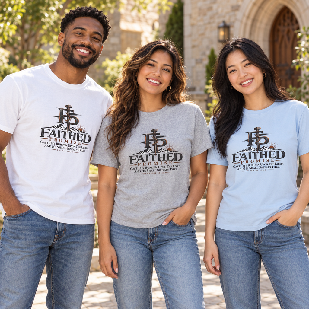Adults wearing White, Sport Grey and Light Blue Psalm 55:22 Promise Tees; AI lifestyle mockup