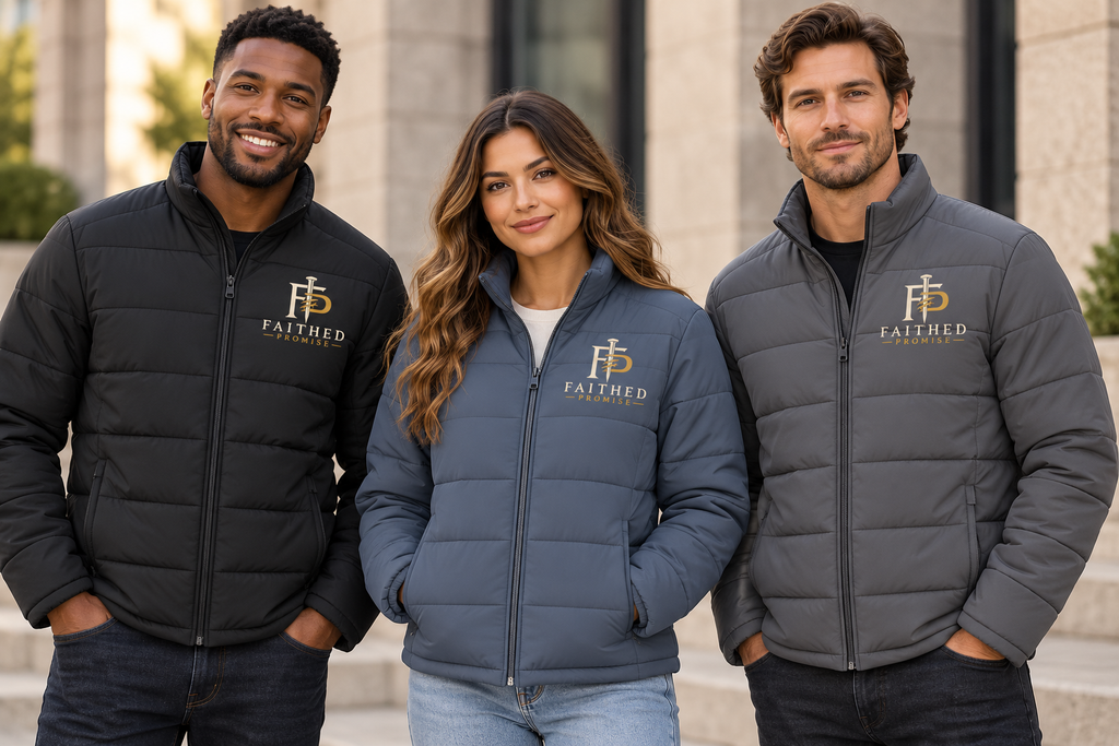AI lifestyle mockup of the bold scripture-free FP puffer jacket in Deep Black, Dusk Blue and Shadow Grey.