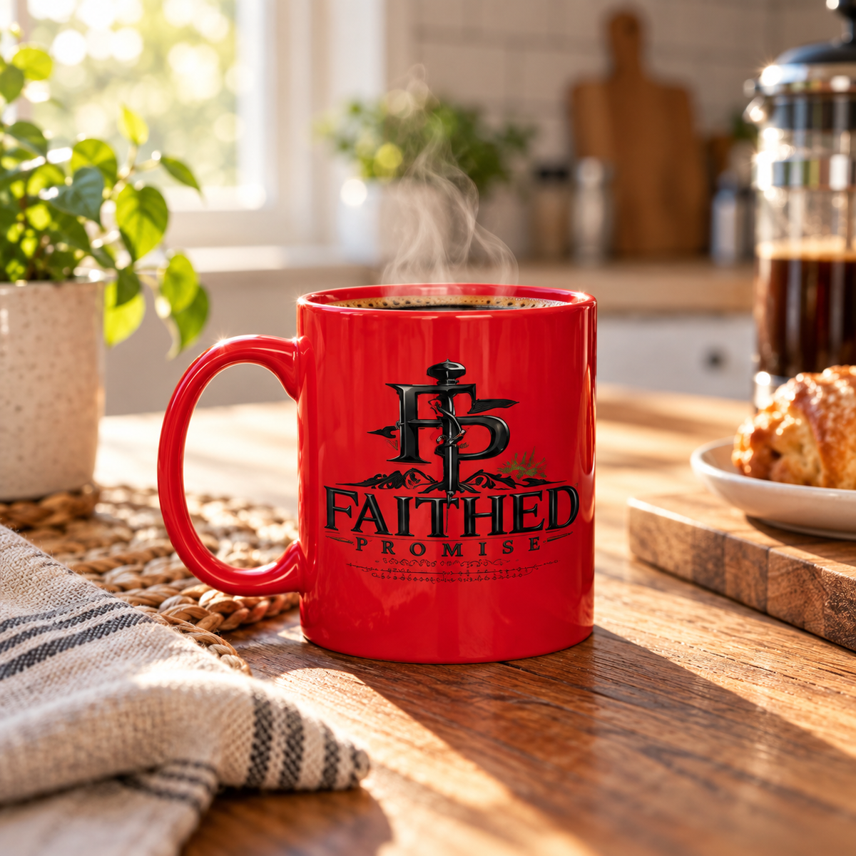 Red FaithedPromise ceramic mug on a kitchen table, AI lifestyle mockup