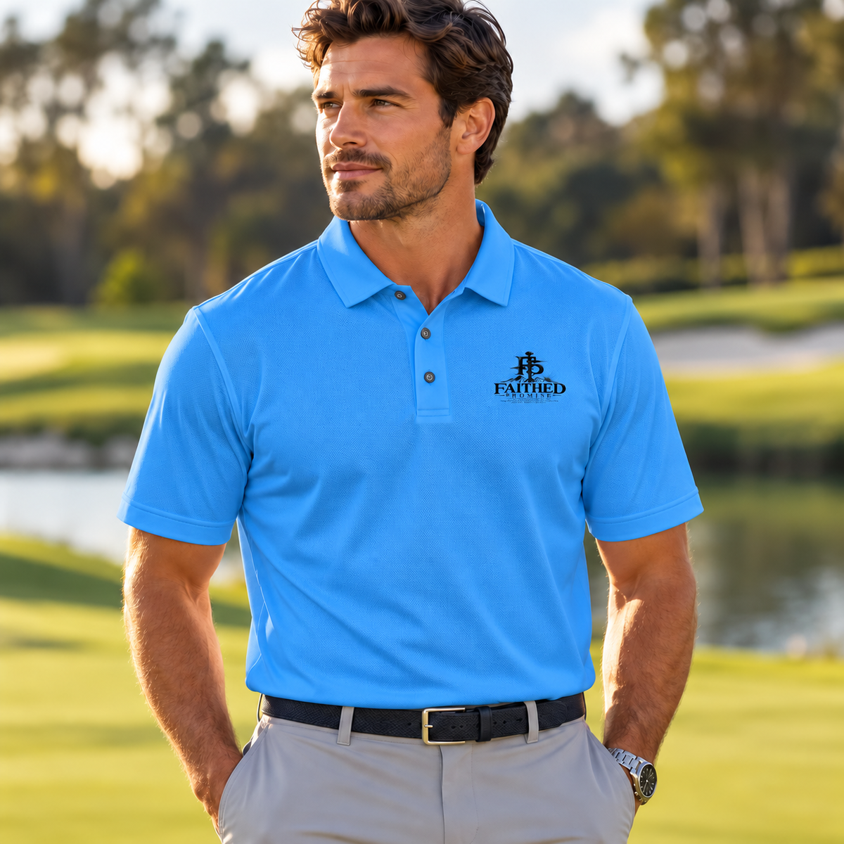 Man wearing Bimini Blue Faithed Promise Saratoga polo, AI lifestyle mockup