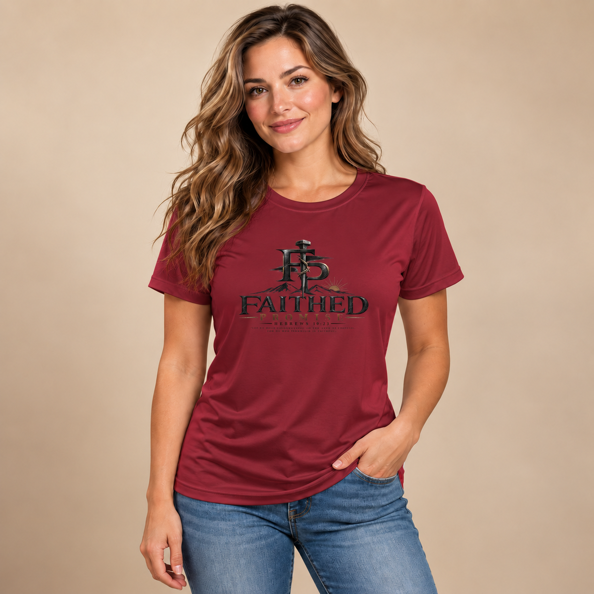 Woman wearing red Faithed Promise performance tee, AI lifestyle mockup