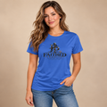Woman wearing royal blue Faithed Promise performance tee with dark logo, AI lifestyle mockup