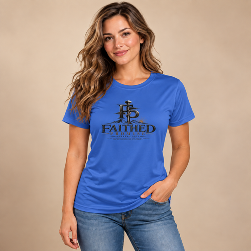 Woman wearing royal blue Faithed Promise performance tee with dark logo, AI lifestyle mockup