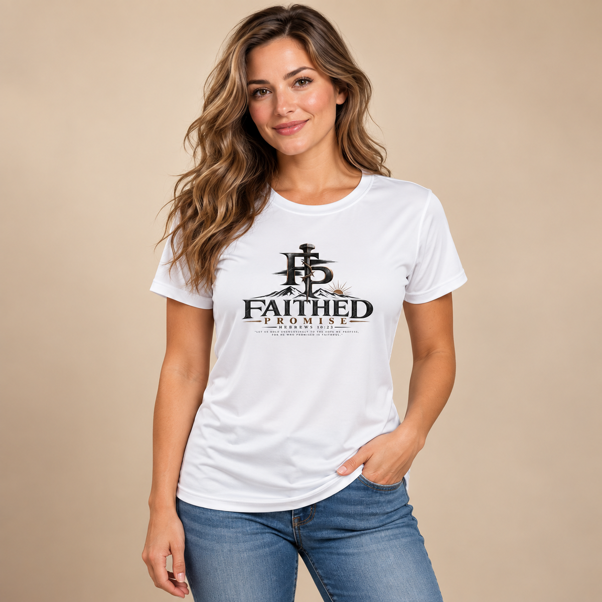 Woman wearing white Faithed Promise performance tee, AI lifestyle mockup