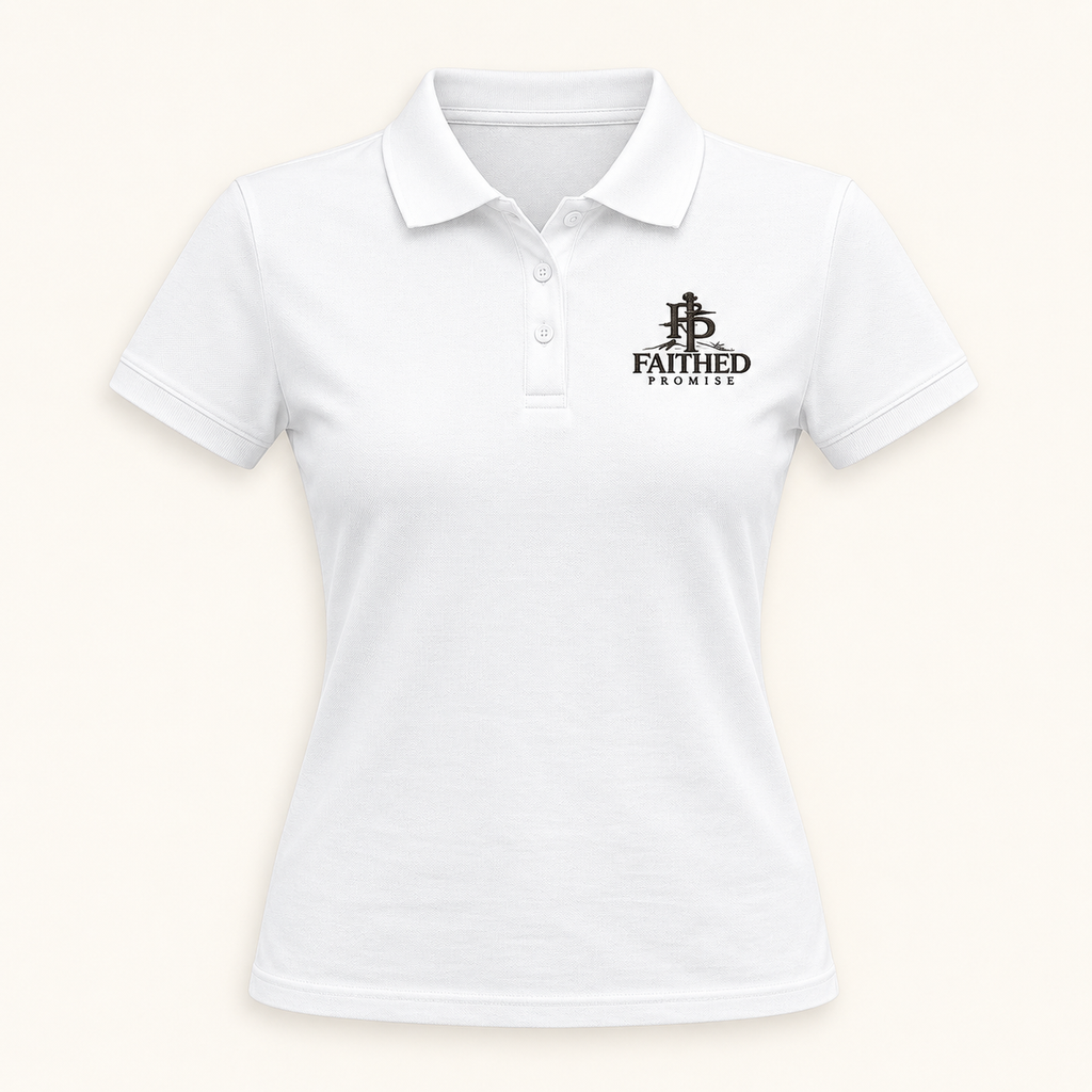 Front mockup of white women's FaithedPromise polo with chest embroidery