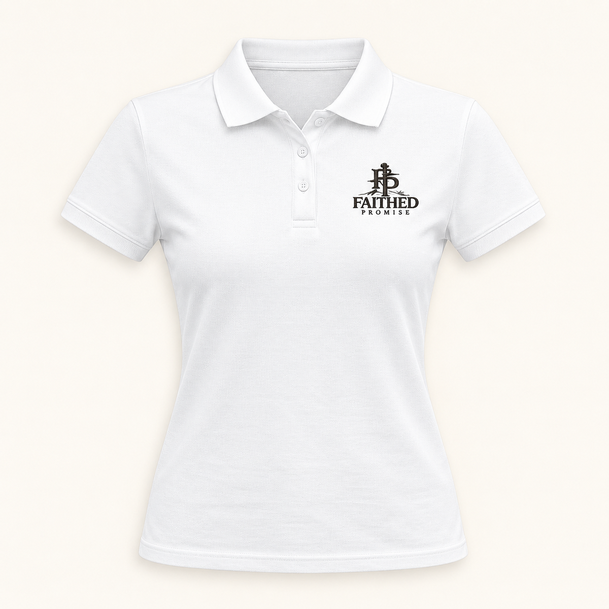 Front mockup of white women's FaithedPromise polo with chest embroidery