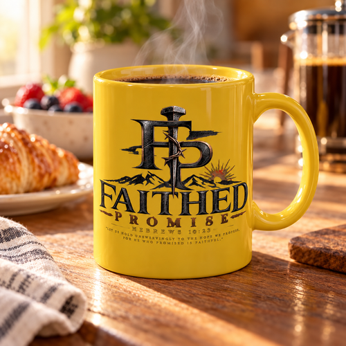 yellow Faithed Promise ceramic mug on a breakfast table, AI lifestyle mockup