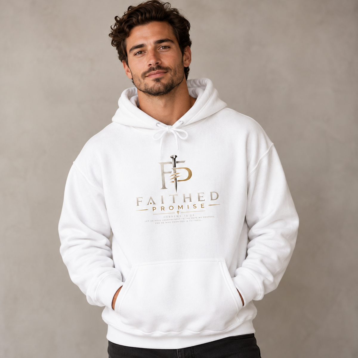 Man wearing FaithedPromise logo hoodie, AI lifestyle mockup