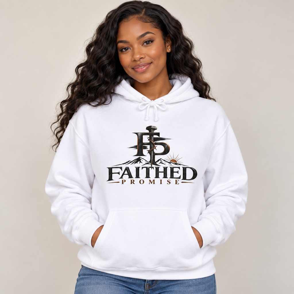 Black woman modeling the white FaithedPromise Premium Heavyweight Cross Logo Hoodie