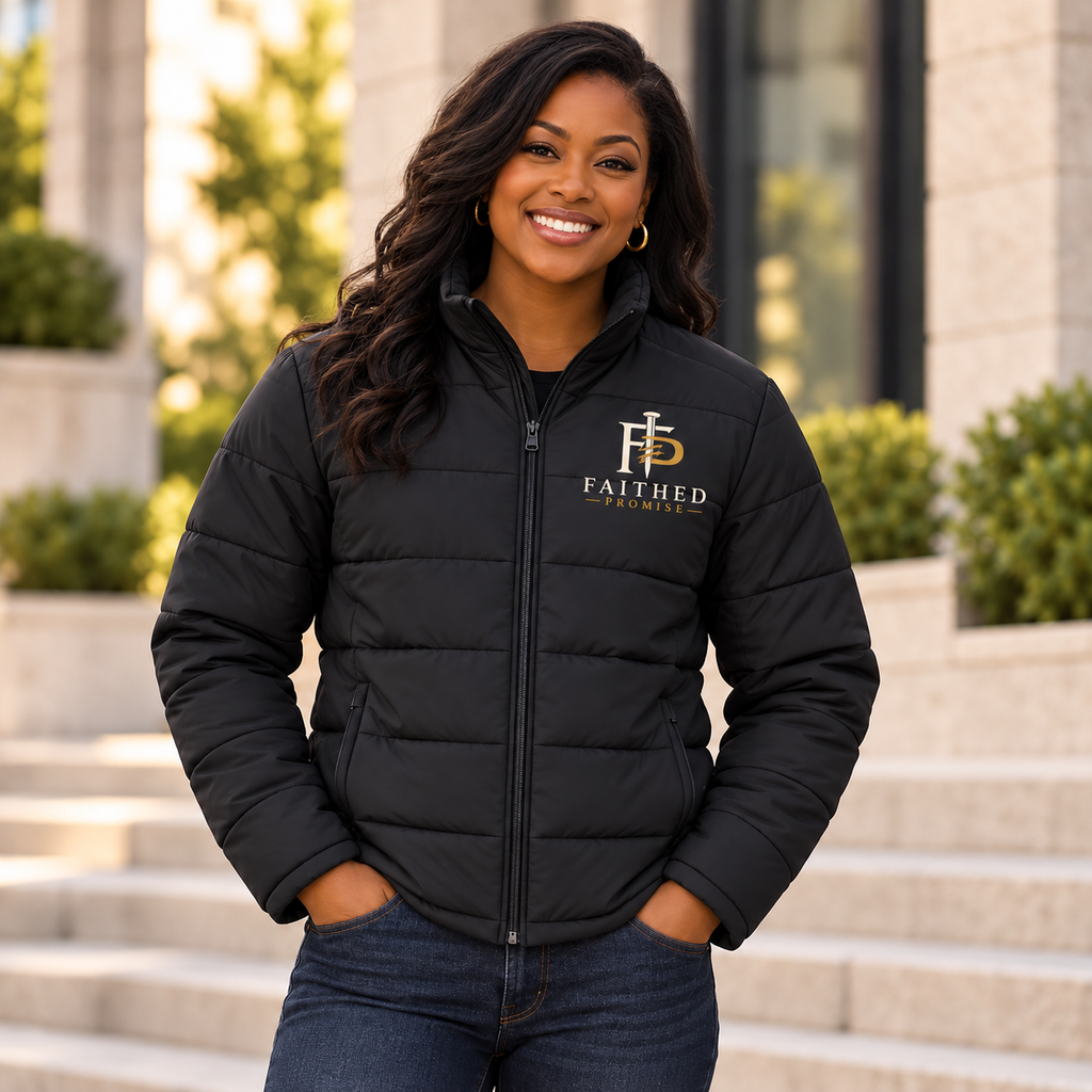 Woman wearing FaithedPromise Premium Insulated Puffer Jacket — Signature FP Logo in Deep Black; individual AI lifestyle mockup