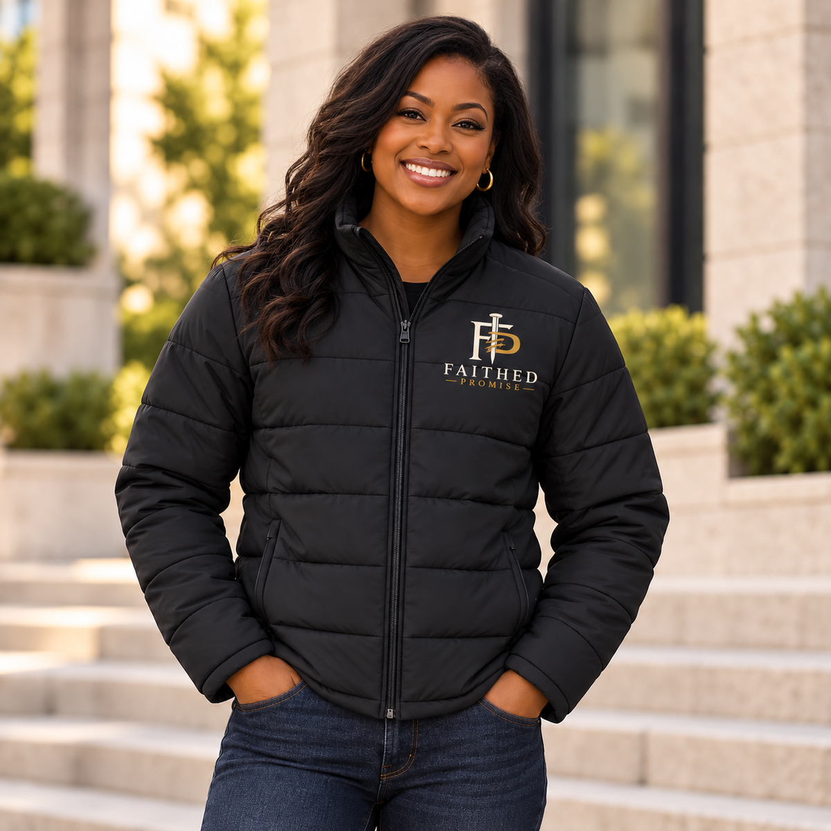 Woman wearing FaithedPromise Premium Insulated Puffer Jacket — Signature FP Logo in Deep Black; individual AI lifestyle mockup